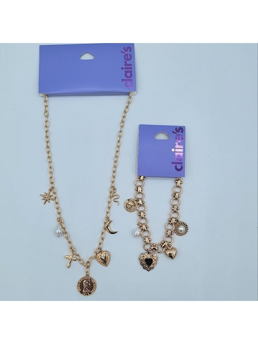 Claire's Gold Charm Necklace & Bracelet Set NEW #0003